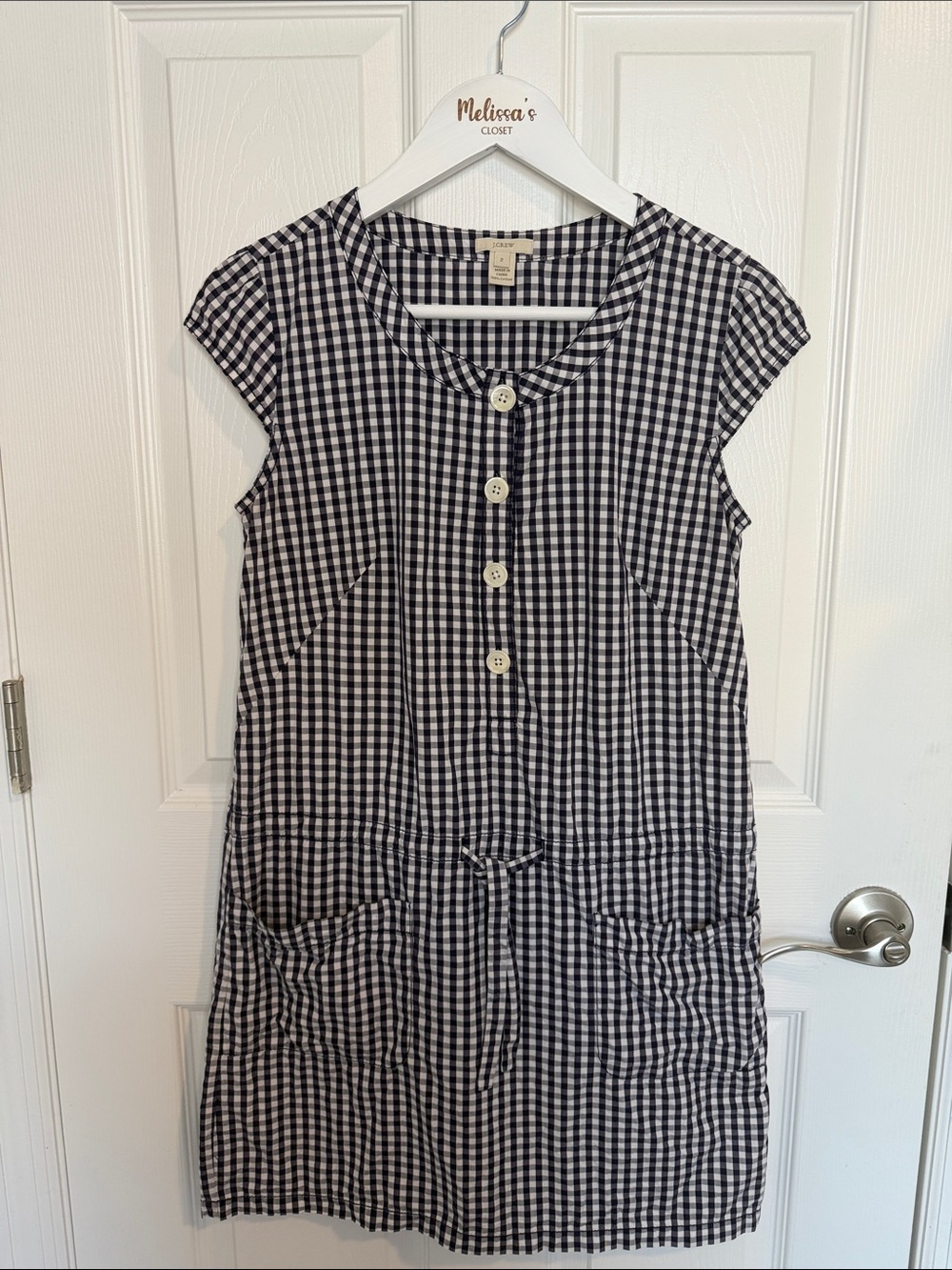 J. Crew Blue  and White Gingham Cap-Sleeve Dress two front pockets
